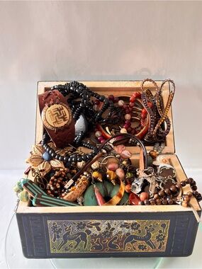 Boho Mixed Wood, stones and Bead Jewelry Collection in a very unique wooden box